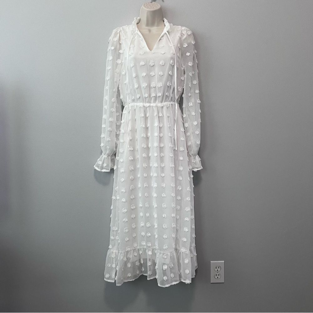 Shein White Long Sleeve Swiss Dot Midi Dress Size 2